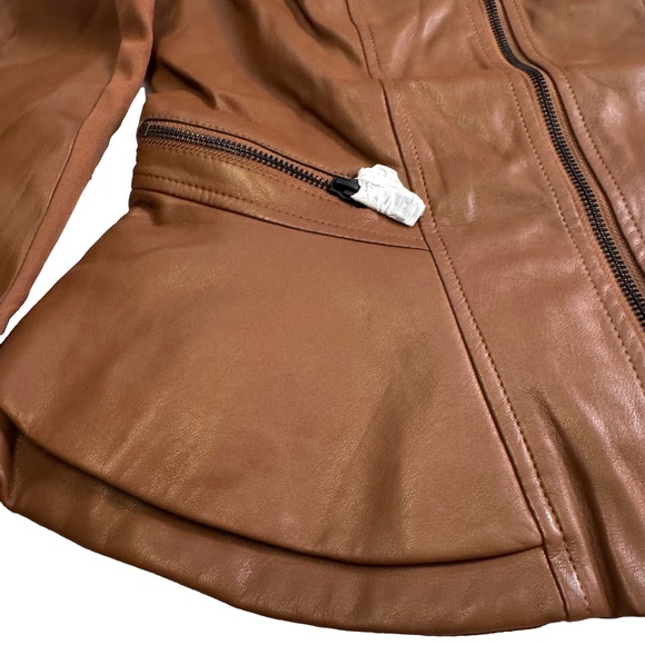 GILI British Tan Leather Peplum Jacket Coat 
Size 2  Zip Front and Sleeves NWT - Picture 10 of 17